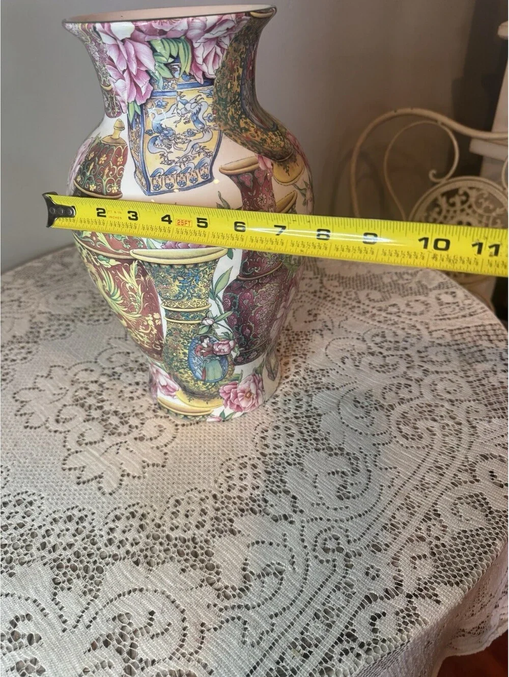 Hand Painted Rose Medallion Porcelain Vase 13”h x 7